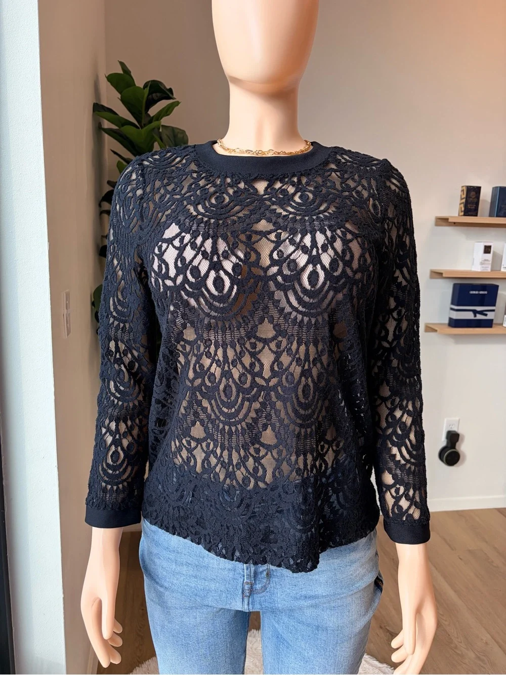 Banana Republic Black Lace Crochet Long-Sleeve Top
